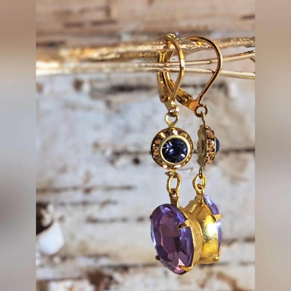 Tanzanite Sparkles Swarovski Purple AB And Flower Drop Down Earrings - Picture 3 of 5